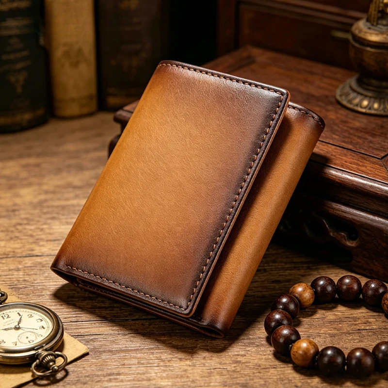 Retro genuine leather multi-functional three-fold money clip with RFID anti-theft feature and genuine leather hand-held wallet