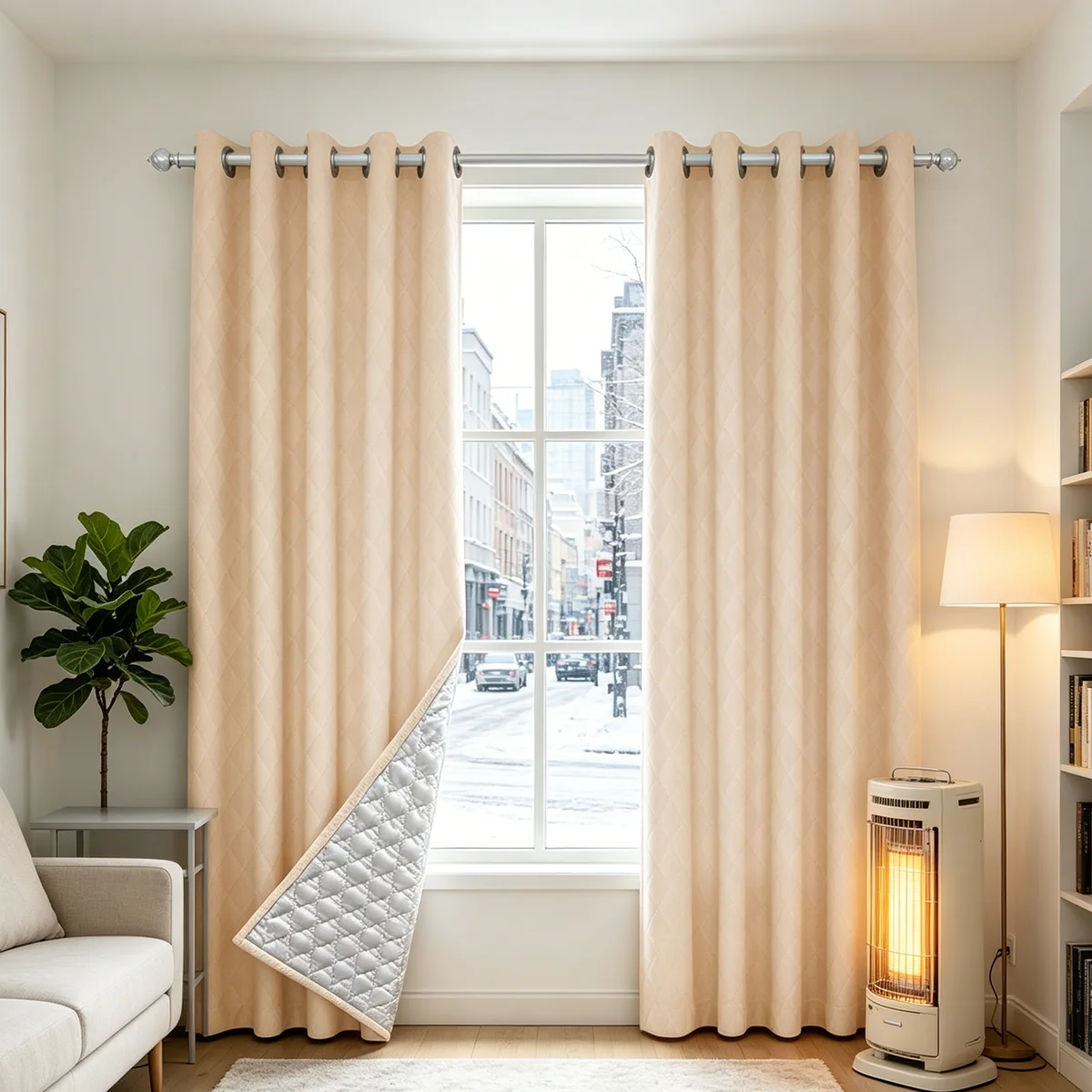 Triple Layer Thermal Cold Barrier Window Curtain, Diamond Quilted Windproof Grommet Drape, Heat Retaining Sound Insulation Winte