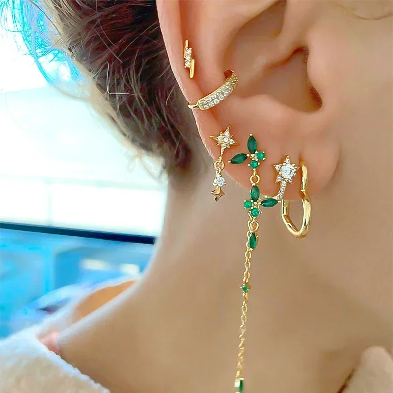 925 Sterling Silver Needle Green Zircon Gold Earrings Heart Hoop Earrings for Women Delicate Stud Earrings Luxury Jewelry Gifts