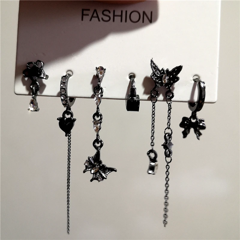 6PCS SET Goth Black Butterfly Crystal Tassel Chain Pendant Earring For Women Vintage Aesthetic Trendy Y2K Jewelry Gift Brincos