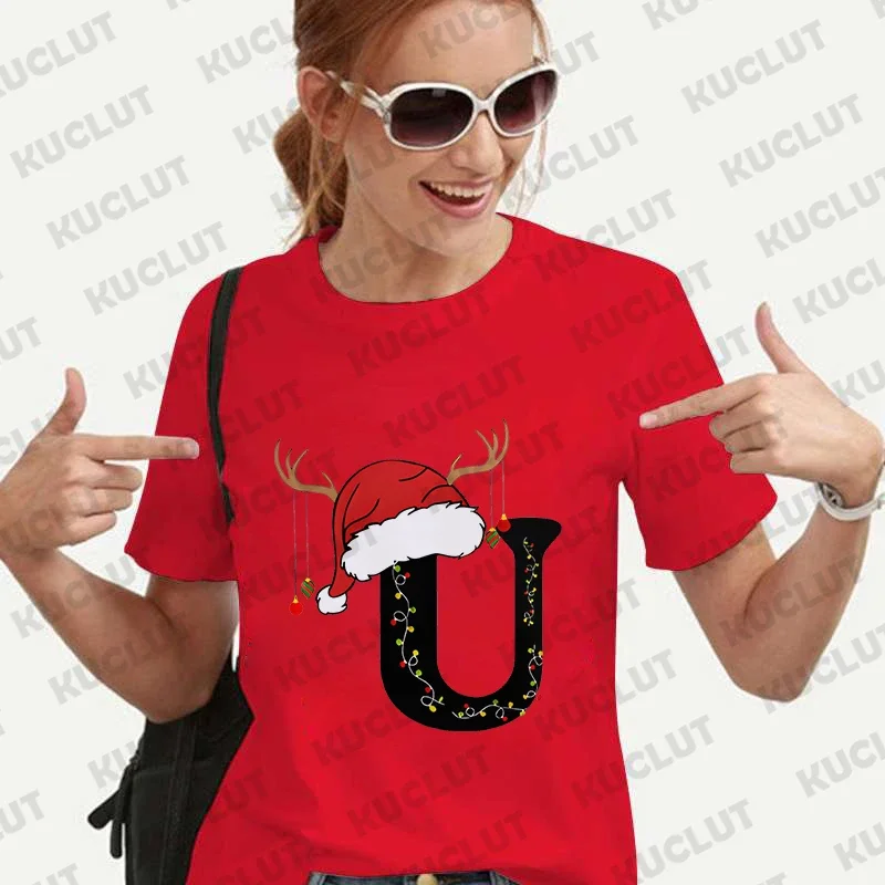 Kerst 26 Alfabet Gedrukt T-shirt Damesmode Vrolijk Kerstcadeau voor Vrouwelijke Kleding Casual Harajuku Korte Mouw Tees