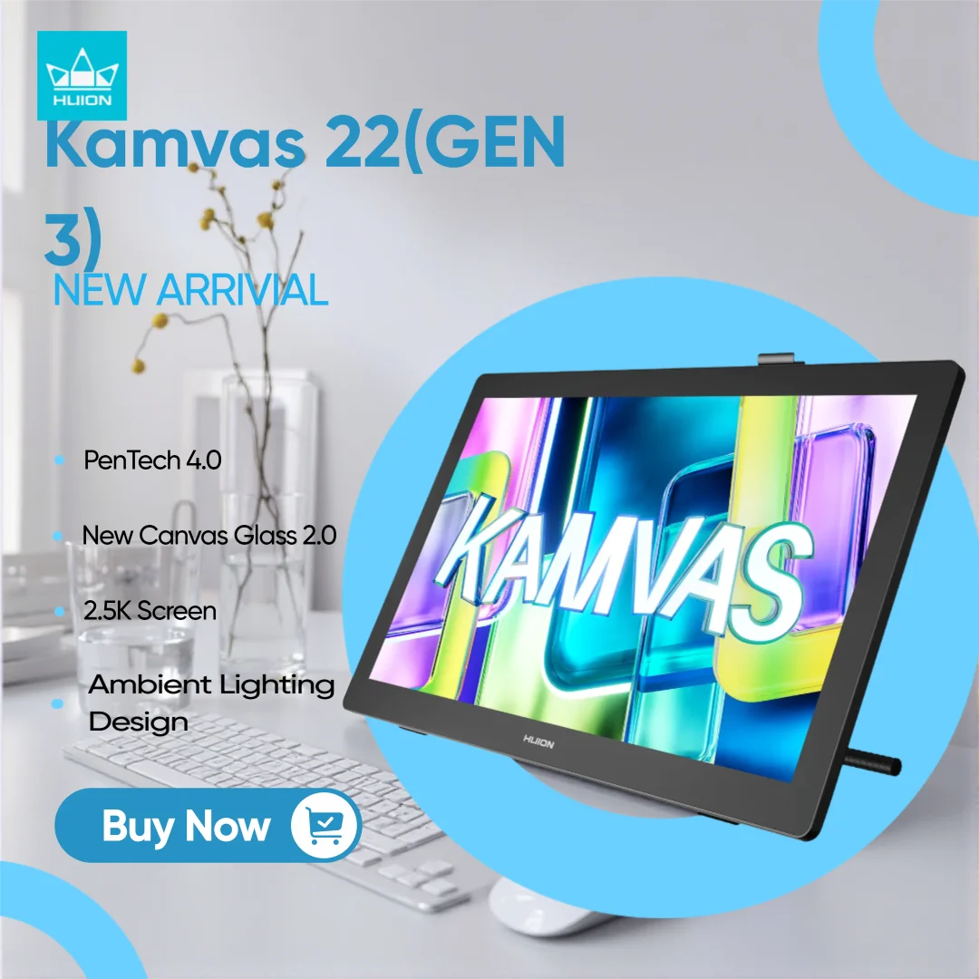 Kamvas 22(Gen 3) Huion Graphics Tablet with 2.5K Screen Drawing Display 16384 Pressure PenTech 4.0 Stylus Ambient Lighting Back