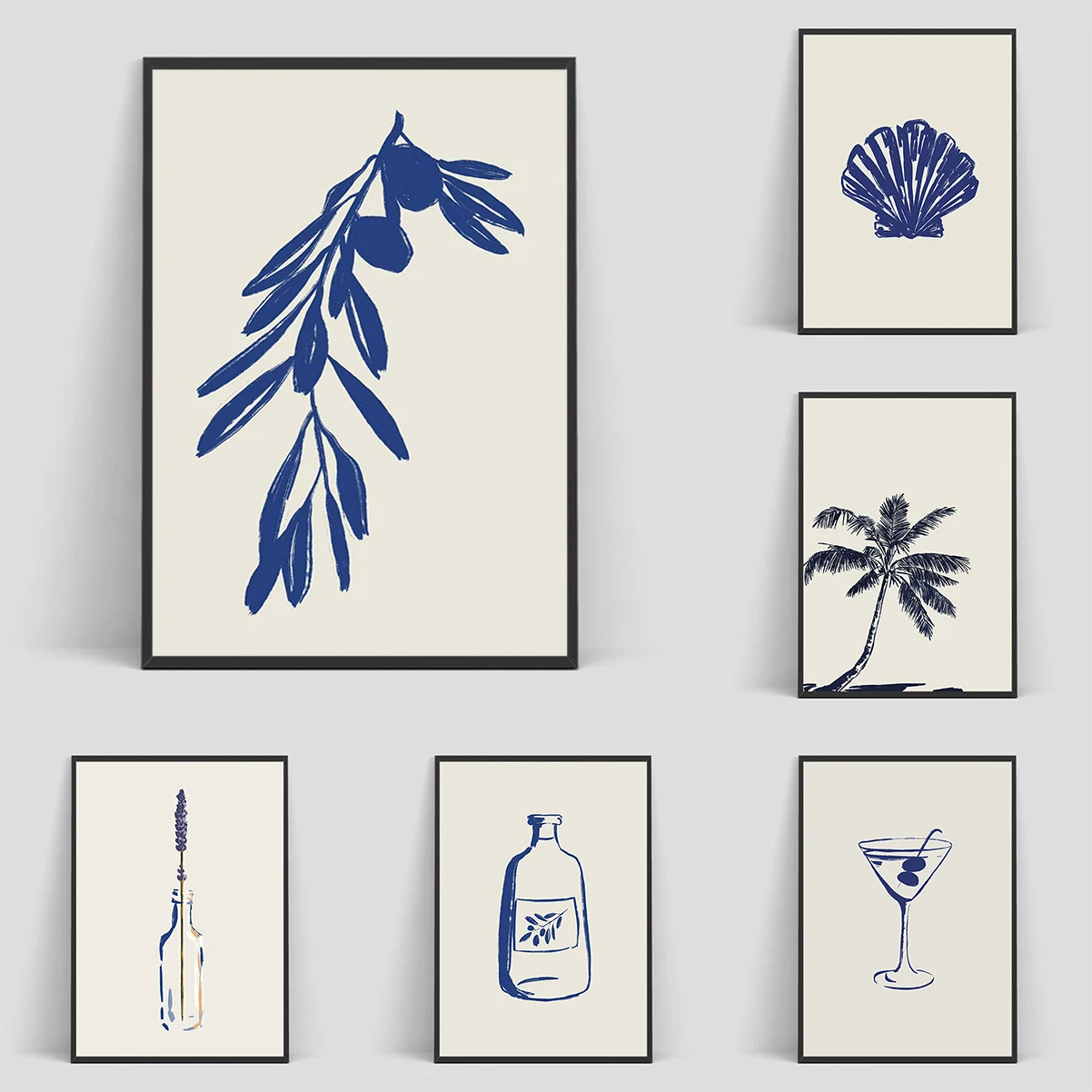 

Cartoon Simple Blue Lines Seaside Coconut Shell Wine Bottle Fish Flowers Poster Tableau Decoration Mural Nordic Home Decor