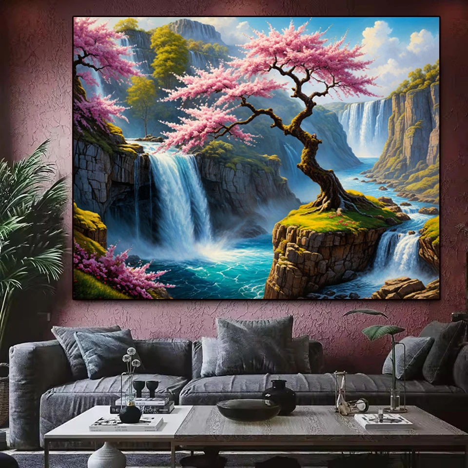 5D DIY New Diamond Painting Landscape Waterfall Sakura Full Round Diamond Mosaic  Embroidery Kit Rhinestone Home Art Decoration