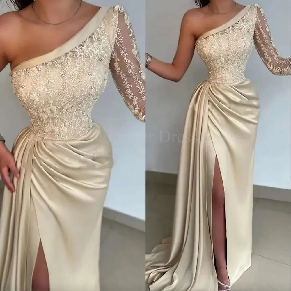 One Shoulder Long Sleeve Elegant Prom Dresses Appliques Pleat High Side Split Floor Length Formal Banquet Party Evening Gowns