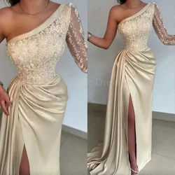 One Shoulder Long Sleeve Elegant Prom Dresses Appliques Pleat High Side Split Floor Length Formal Banquet Party Evening Gowns