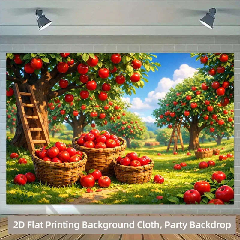 Red Apple Orchard Harvest Baskets Ladder Sunny Day Tapestry 2D Flat Printing Wall Hanging Backdrop for Kitchen Dining RoomDecor