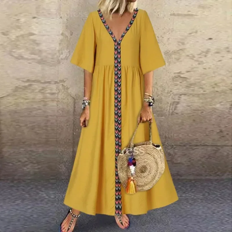 

Summer New Women Oversized V-neck Short Sleeved Long Dress Loose Line Splicing Casual Long Dresses