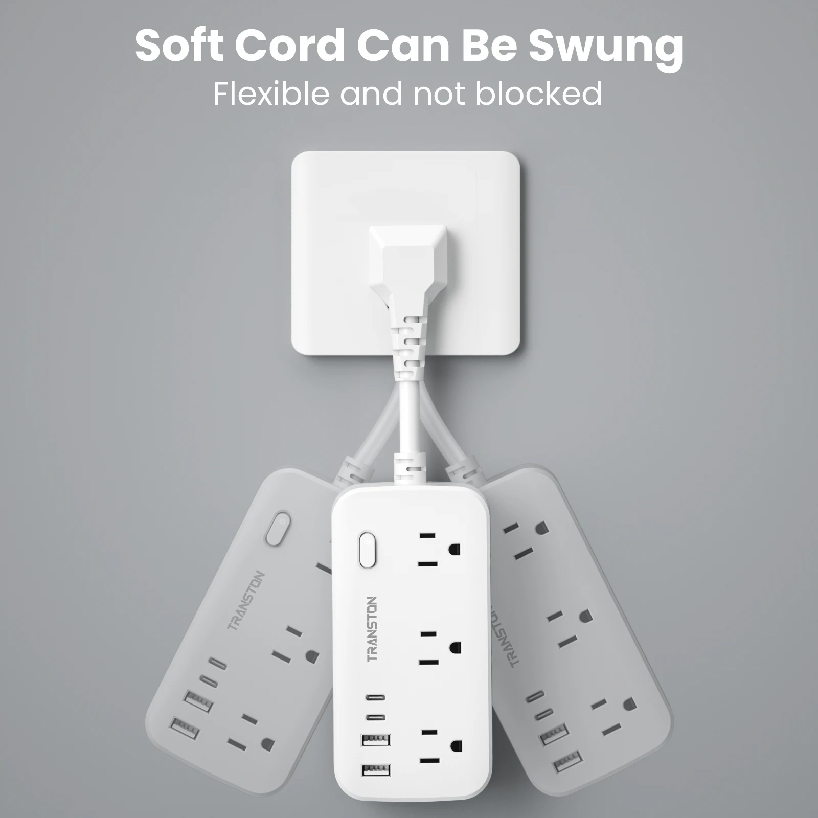 واقي عرام شريط الطاقة باللون الأبيض مع 6 منافذ تيار متردد، 2 منافذ شحن سريعة USB و2 USB-C، 10 في 1,45 ° المكونات الميلية، الحماية المتقدمة