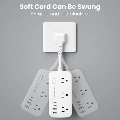 white，power strip surge protector with 6 AC Outlets,2 USB & 2 USB-C Fast Charging Ports,10 in 1,45°tilt plug,Advanced Protection