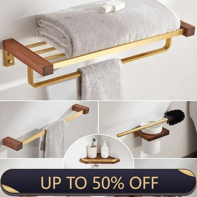 Walnut Wood Brushed Gold Bathroom Hardware Set Towel Rack Toilet Paper Holder Towel Bar Robe Hook Shelf Bathroom Accessories