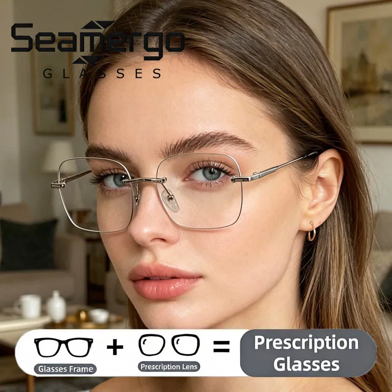 

SEAMERGO Trendy Rimless Customized Glasses Unisex Square Prescription Glasses Women Men Ultralight Optical Eyewear Lens Recipe