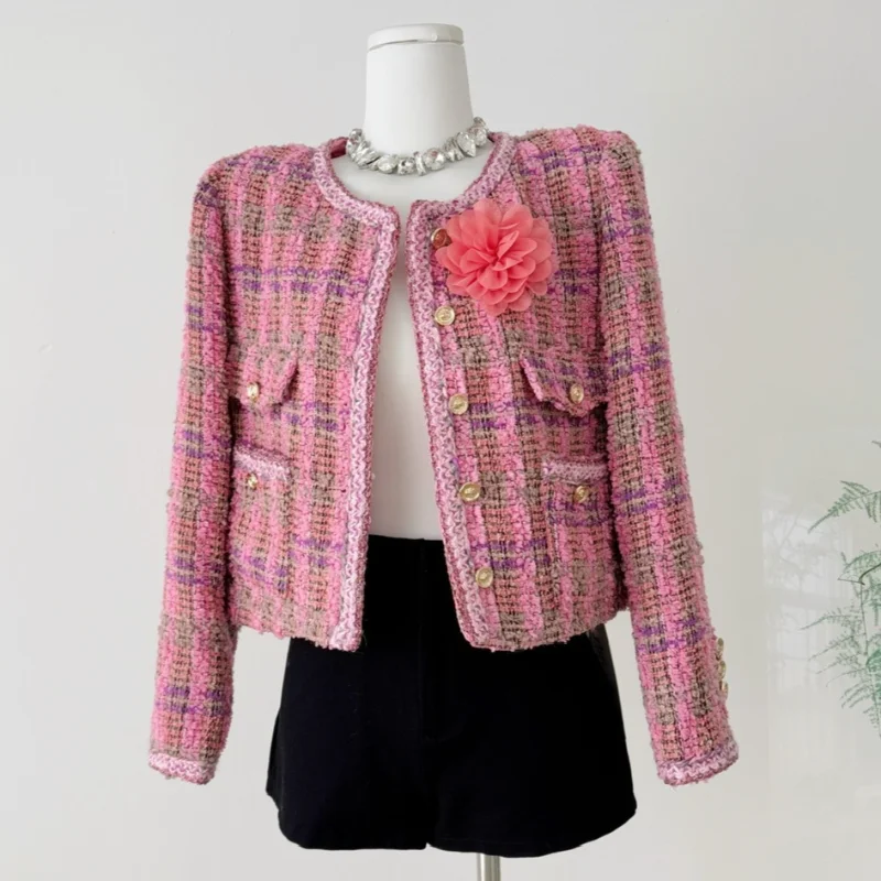 

Женское розовое, синее милое твидовое пальто с круглым вырезом и длинным рукавом, офисное женское элегантное маленькое клетчатое французское пальто с ароматом, осень-зима