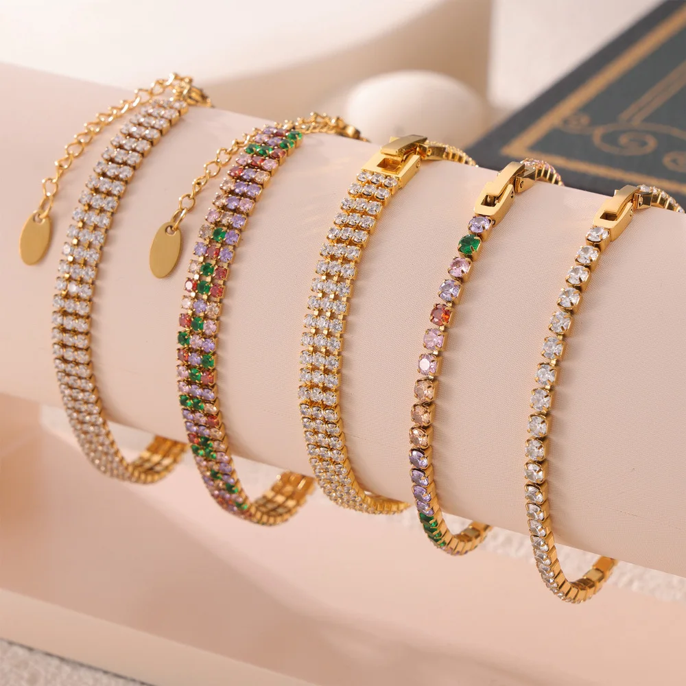 

Chic Style Fashion Elegant Light Luxury Women Hand Jewelry 18k Gold Plated Colorful Zircon Claw Buckle Stainless Steel Bracelet