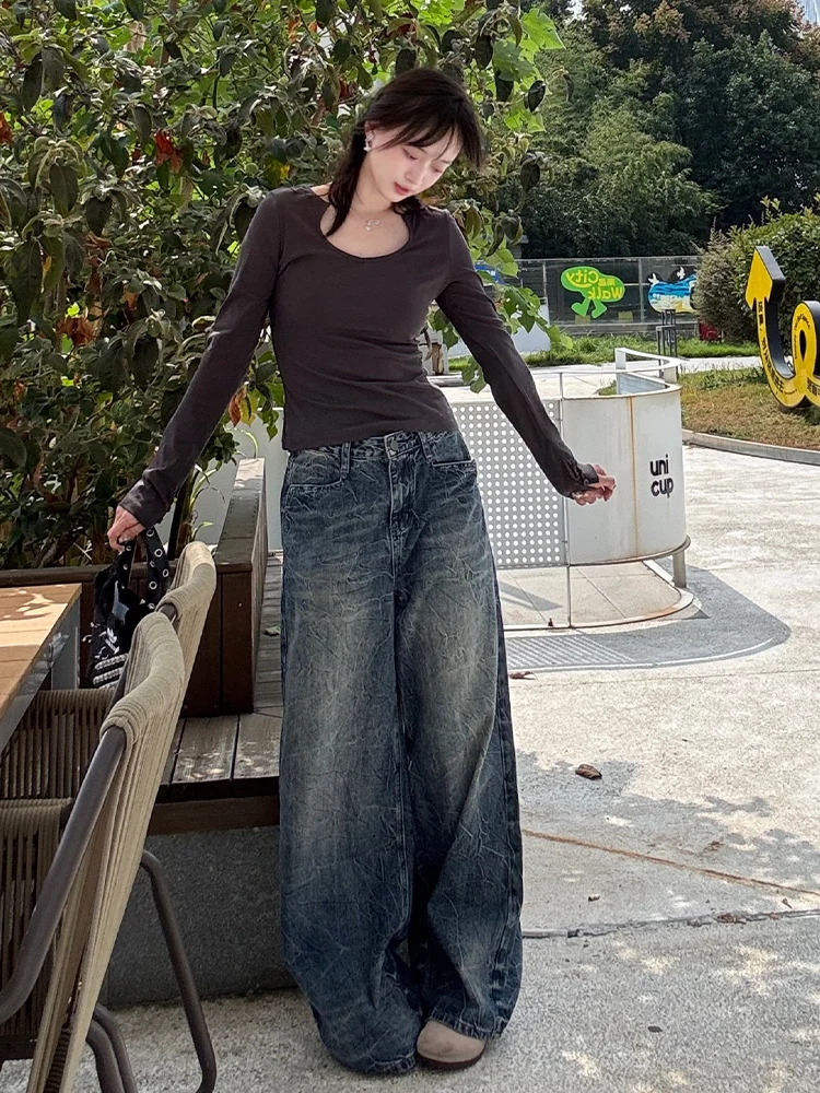 

High Waist Wide Leg Vintage Washed Denim Jeans Women's Loose Straight Slimming Long Trousers Autumn Winter New Style Casual Wear