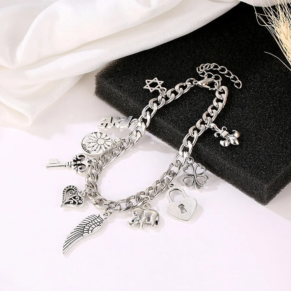 LossTower Vintage Silver Color DIY Elephant Heart Lock Key Bangle Flower Star Wings Fashion Pendant Charm Bracelet for Men Women