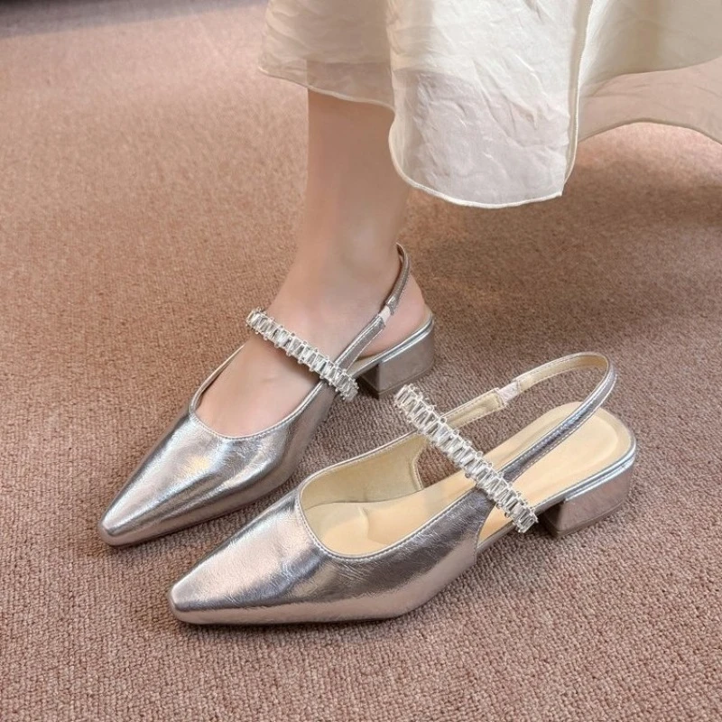 Summer Lady New Women's Shoes Back Strap Pointed Rhinestone Low-Front Cover Foot Bottom Casual Shallow Mouth Simple Sandals view 2