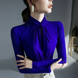 S-3XL Mesh T Shirts Women Hollow Out Crossed Turtleneck Full Sleeve Tops Tees Lady Autumn High Stretchy Folds TShirt