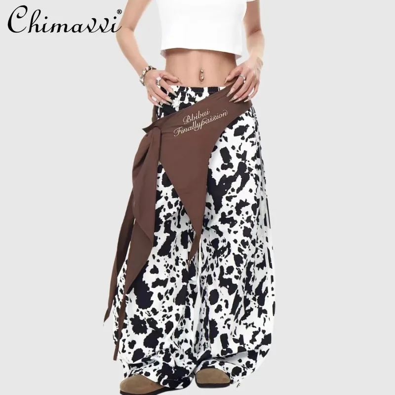 

2025 New European and American Casual Style Side Striped Cow Lace-up High Waist Thin Wide-leg Paratrooper Pants For Women
