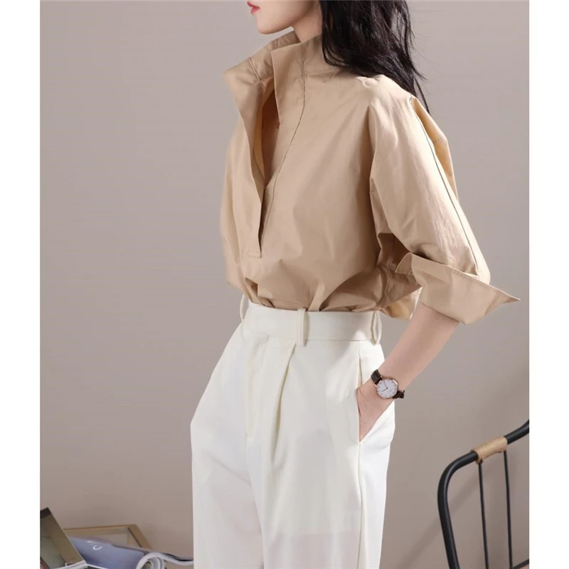 2022 New Autumn Fashion Women\'s Casual Three-quarter Sleeve Cotton Shirt Elegant Stand Collar White Office Lady Loose Blouse Top