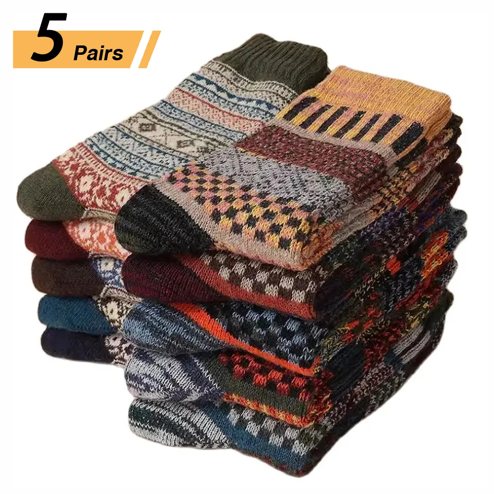 5 Pairs Winter Men's Socks Thicken Sheep's Wool Socks Warm Men Retro Style Colorful Fashion Man Socks For Snow Boots