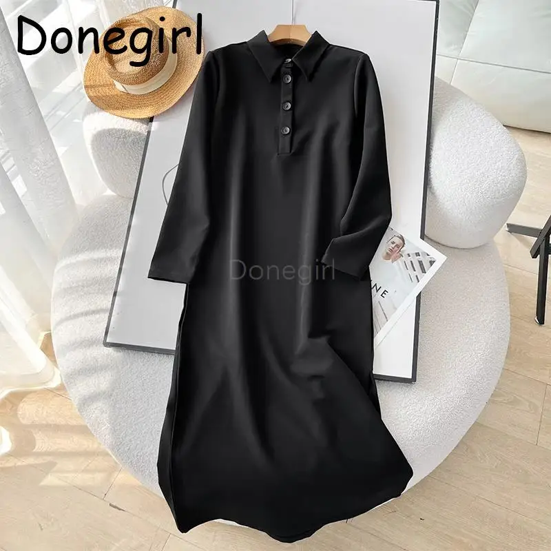 Donegirl 2024 New Women Spring Summer Fashion Solid Polo Neck Shirt Dresses Vent Temperament Commute Long Dress Female Chic