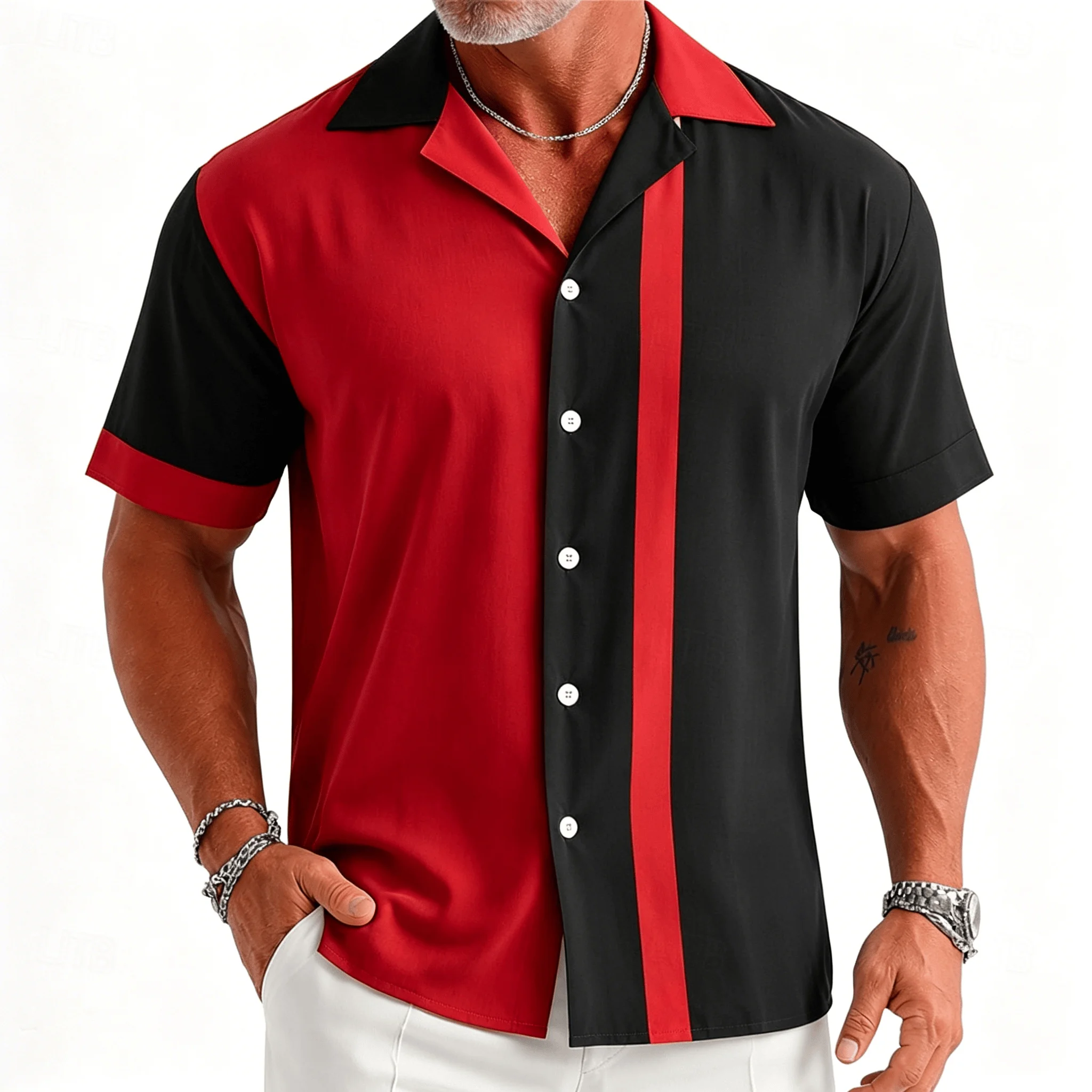 Retro Bowling Striped Men's Minimalist Style Short Sleeved Breathable Loose Fashion Shirt
