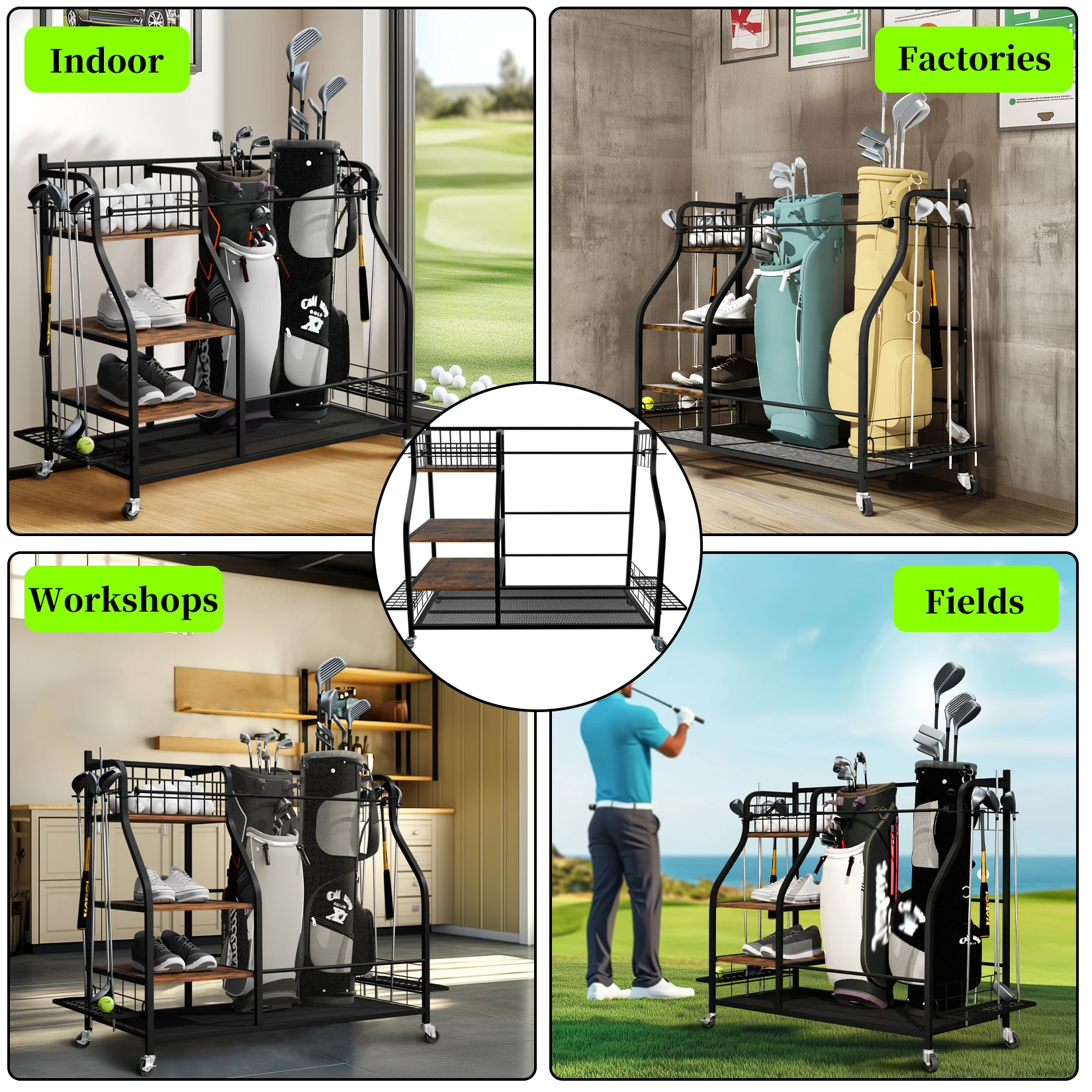 Rollbares Golf-Aufbewahrungsregal mit 360°-Drehfunktion und Verriegelung ° Metall-Garagenorganizer mit Rädern Sportgeräte-Regale – Detail 6