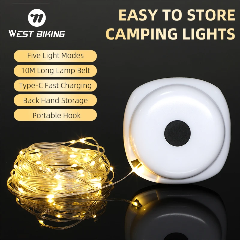 WEST BIKING Outdoor Camping Lights Waterproof Type-C Charging Camping Lamp Garden Decorative Garland Street Patio Backyard Lamp