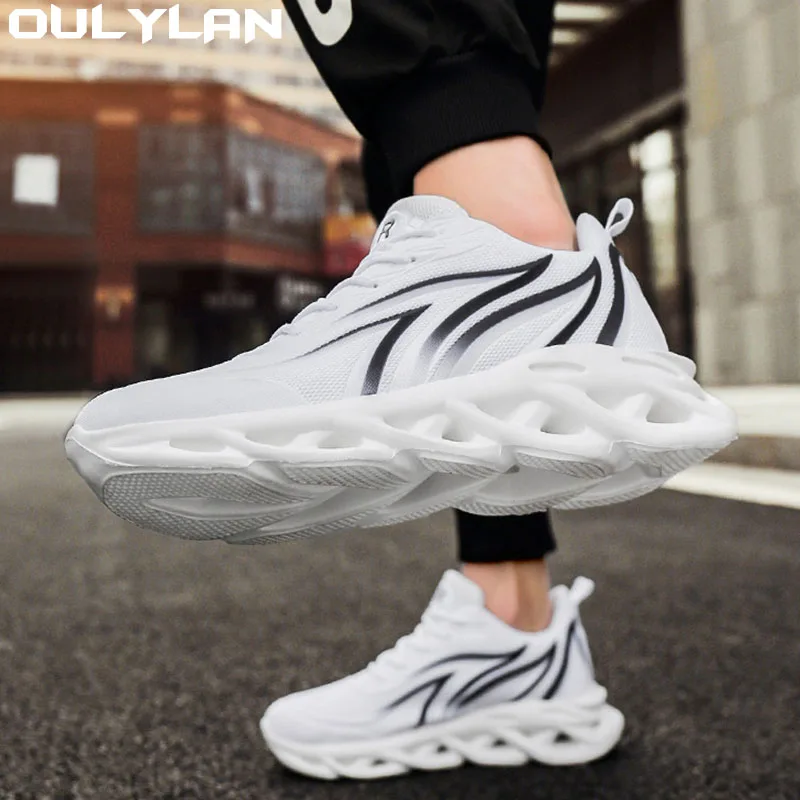 Oulylan Fashion Running Shoes Men Flame Printed Sneakers Knit Athletic Sport Blade Cushioning Jogging Trainers Lightweight Shoes