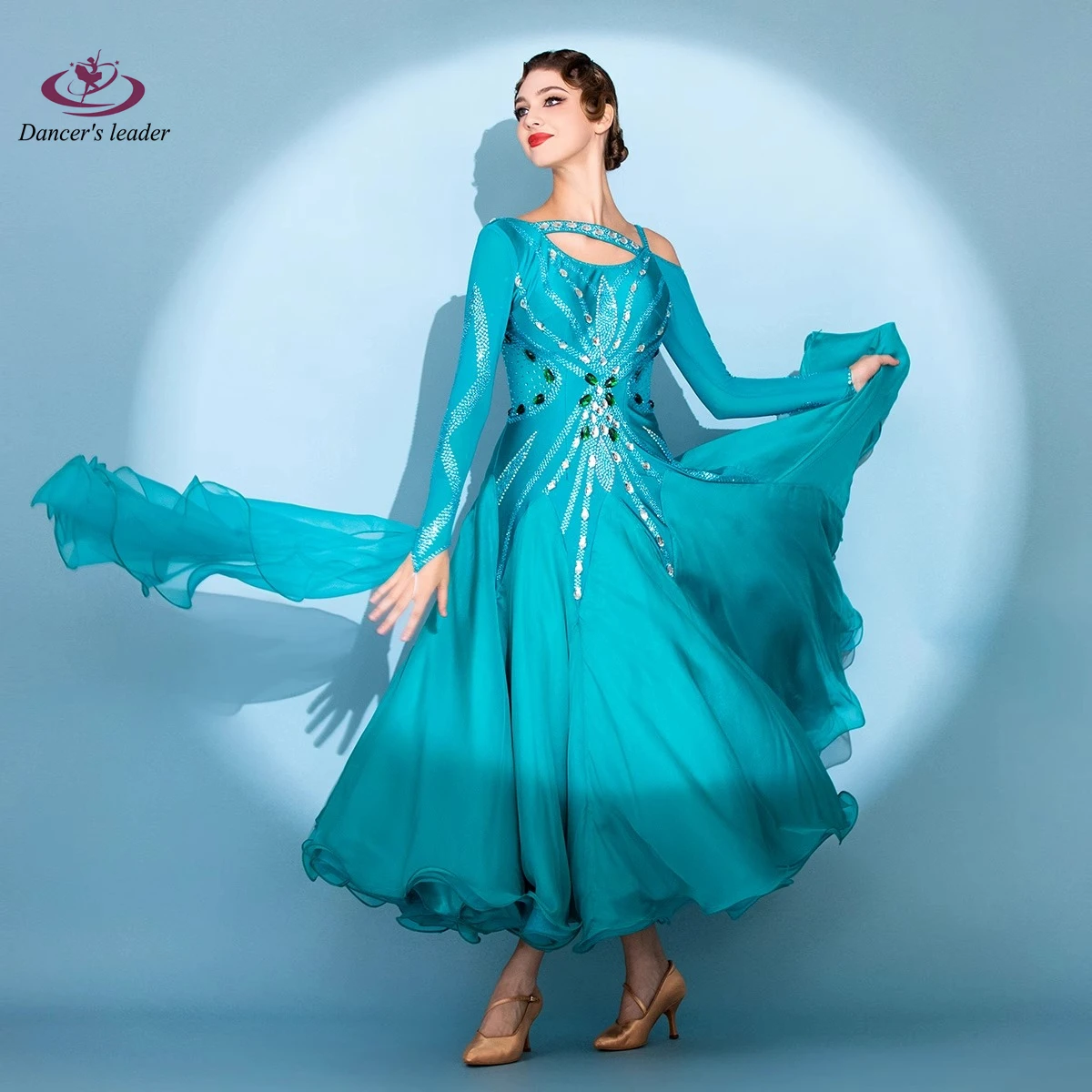 Latin Dance Diamond Vrouwelijke Volwassen Kinderen High-end Aangepaste Blues Mesh Grote Rok Wals Prestaties Hoge Flash Jurk