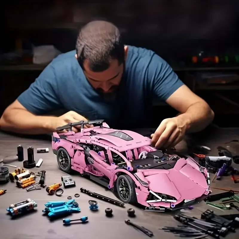 

1238-Piece Limited Edition Supercar Model Kit - Pink and White Color Scheme, DIY Mechanical Assembly, High-Quality Abs Plastic