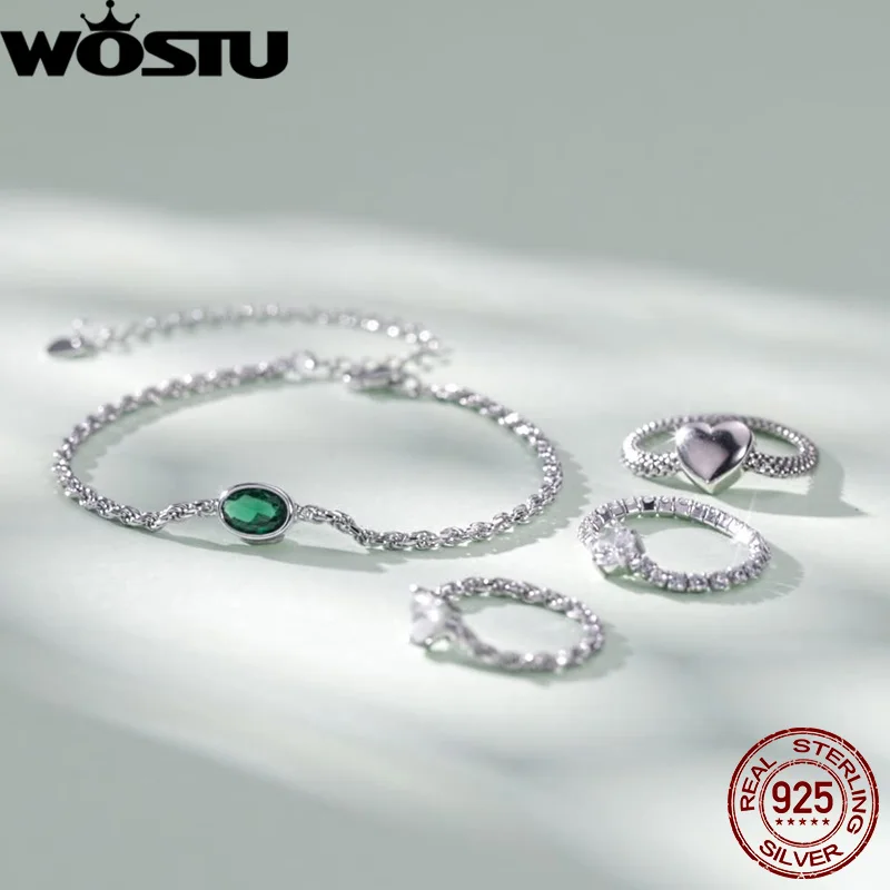 WOSTU Solid 925 Sterling Sivler 9MM Big Heart Watchband Chain Rings For Women Lovely Girl Heart-shaped Watch Link Ring Jewelry