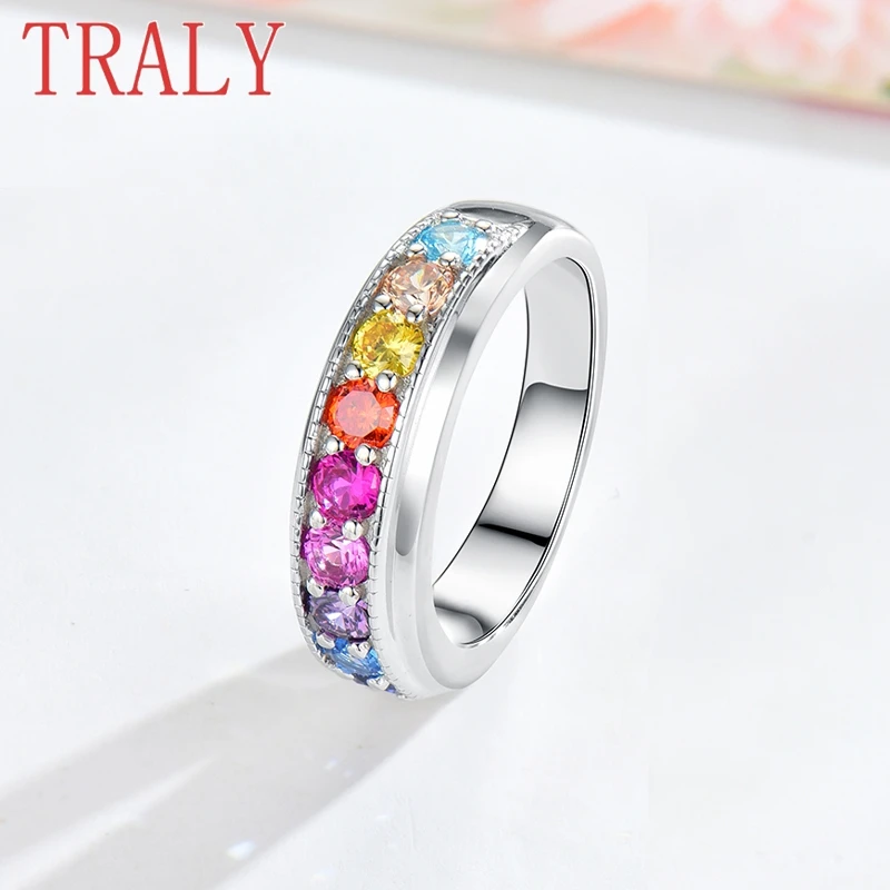 

925 Sterling Silver Fashion Rainbow Sapphire Ring for Women Round Colored Gemstone Wedding Bands High Quality Jewelry Party Gift