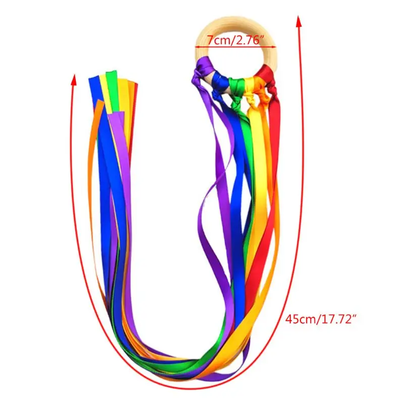 Rainbow Hand Kite para crianças, Rainbow Montessori Brinquedos Waldorf Sensory Streamers, Baby Streamer, Kites Ring, Brinquedo Dancing Wood, Vento ao ar livre