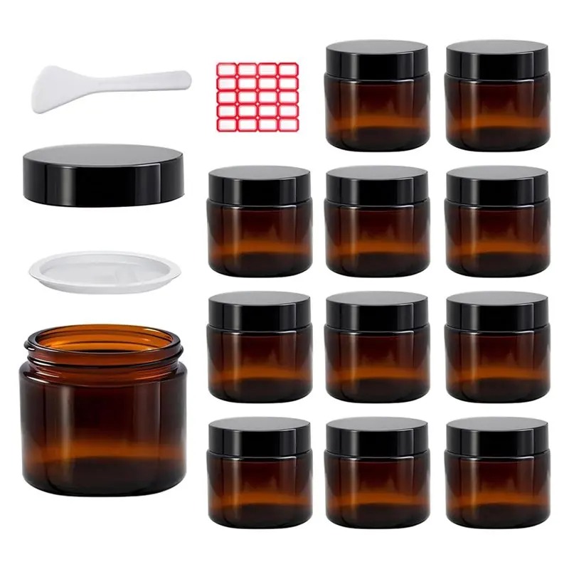 Leakproof Inner Lids, 12Pcs 2 Oz Amber Glass Jars, Airtight Round Containers For Homemade Cosmetics, Balms Candles, Butter