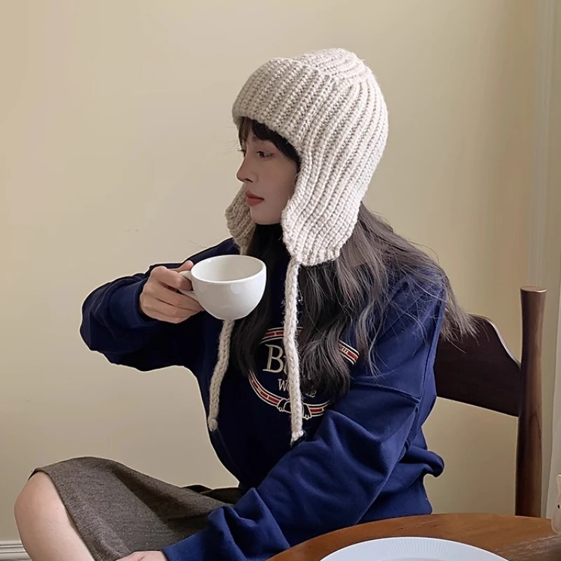 Thick Wool Hat Women's Ear Protection Cycling Warm Knitted Lei Feng Hat Cute Japanese College Lace-up Ski Flying Hat