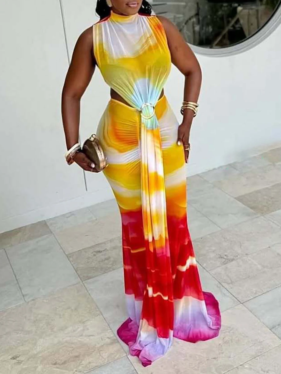 ZIML Hit Color adelgazamiento estampado vestidos calados para mujeres cuello alto sin mangas cintura alta temperamento vestido femenino nuevo