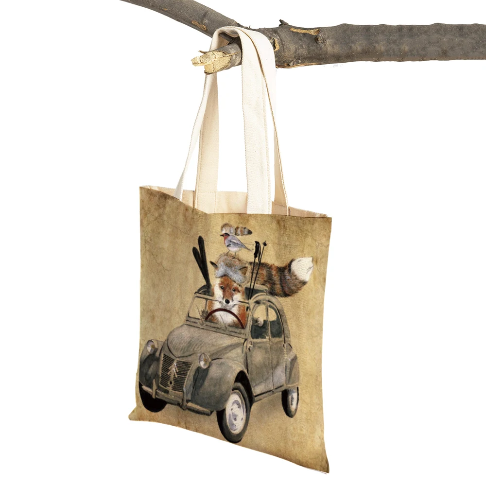 

Vintage Style Hedgehog Fox Children Shopper Bags Travel Shoulder Tote Handbag Reusable Animal Canvas Women Shopping Bag