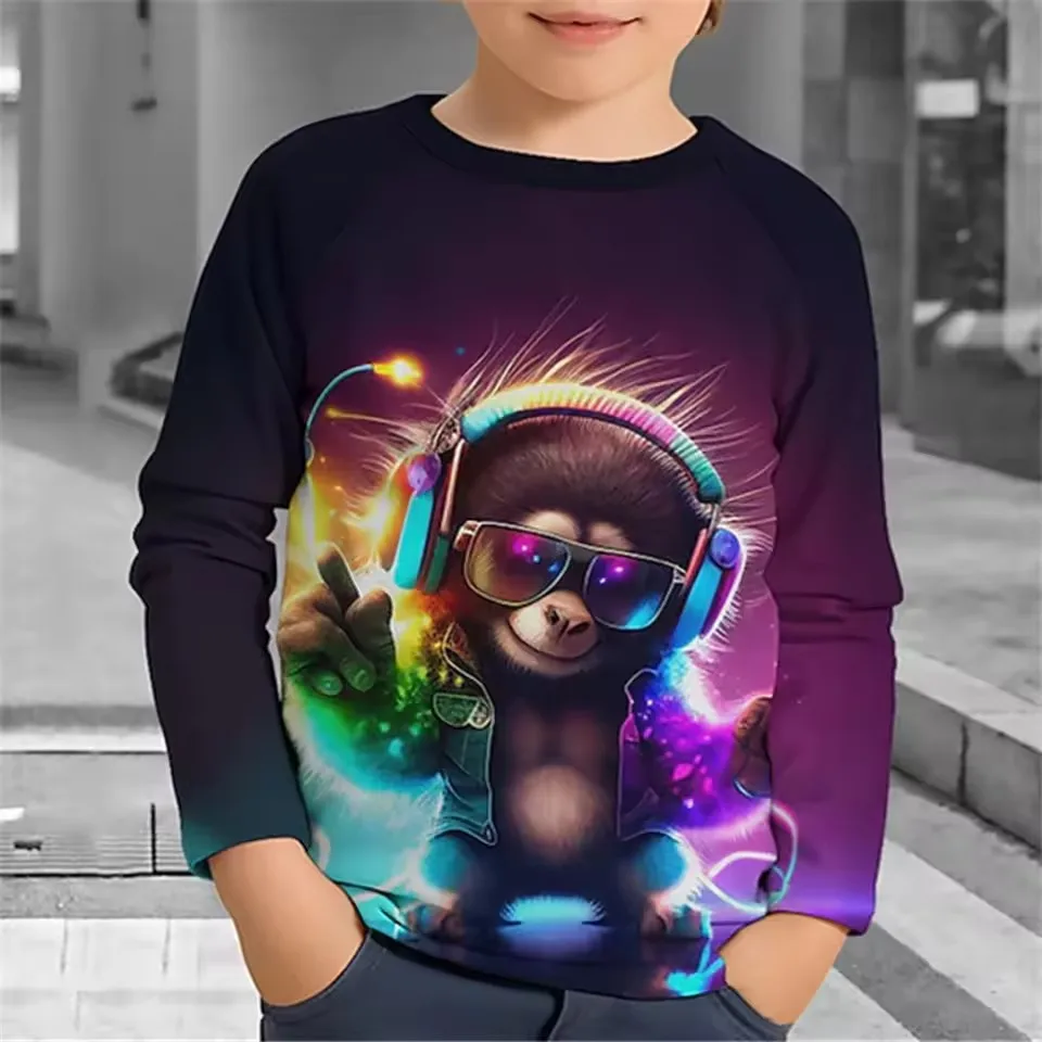 kids t‑shirt,long sleeve crew neck tee,neon glow effect design,funky monkey dj graphic,gradient casual pullover for boys outfits