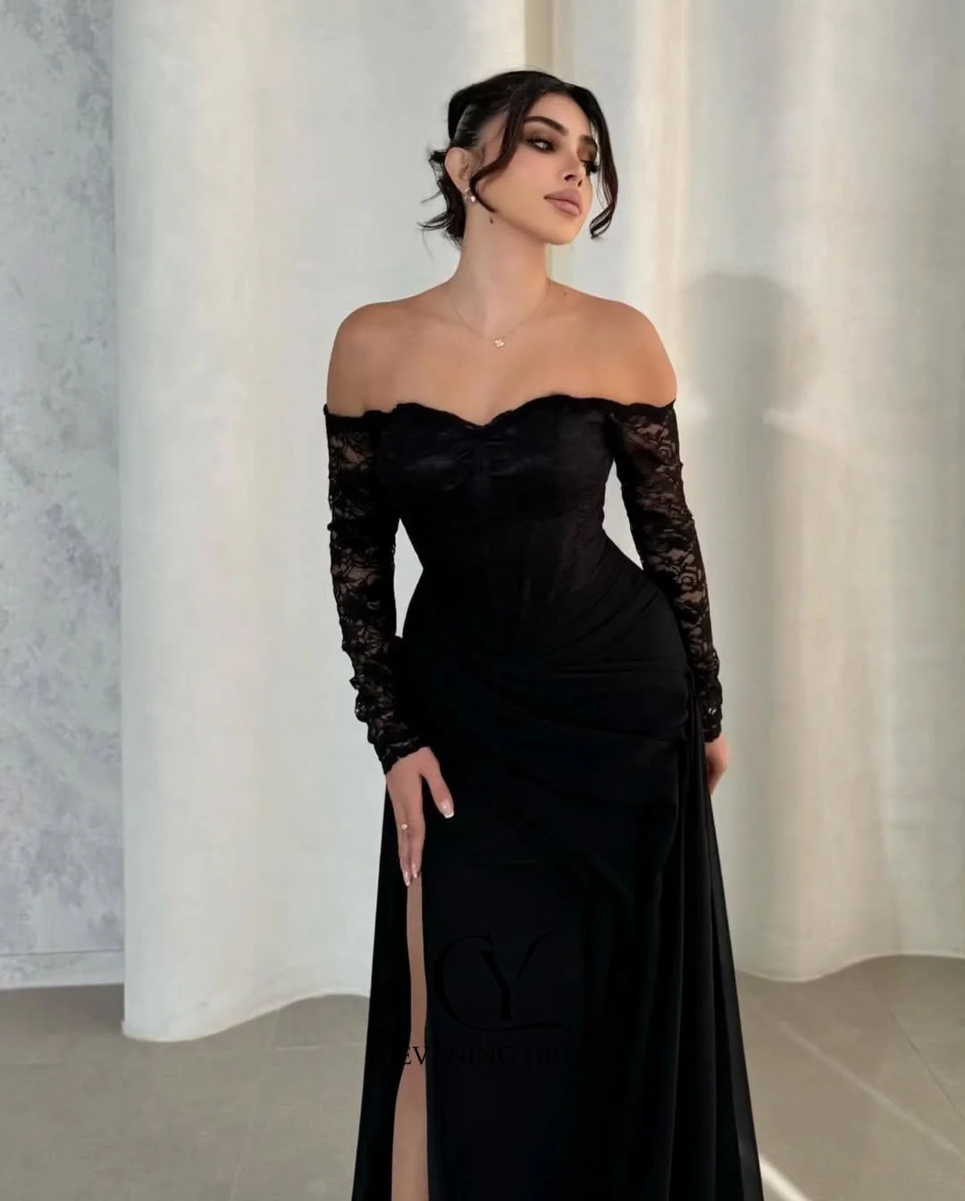 CUYUN 3/4 الدانتيل الأكمام ثوب مسائي مع شق فساتين المناسبات الرسمية السعودية مخصصة الكويت دبي فستان حفلات طويل فساتين مأدبة #6