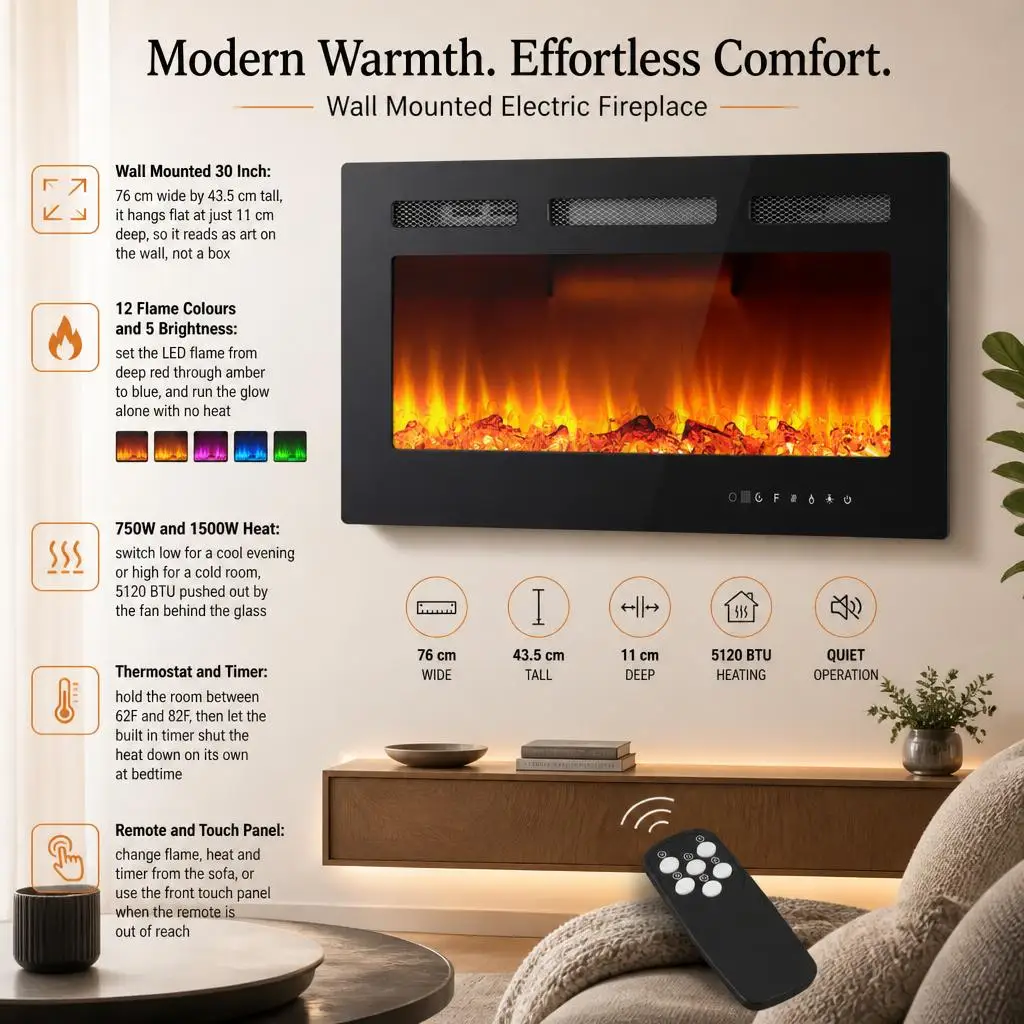 Wall Mounted Electric Fireplace, 30 Inch 750W 1500W Linear Electric Fireplace Insert with 12 Flame Colors, 5 Brightness Levels, 5120 BTU Heater, Tempered Glass, Crystal Stones, Log Set, Remote Control and Thermostat, Black