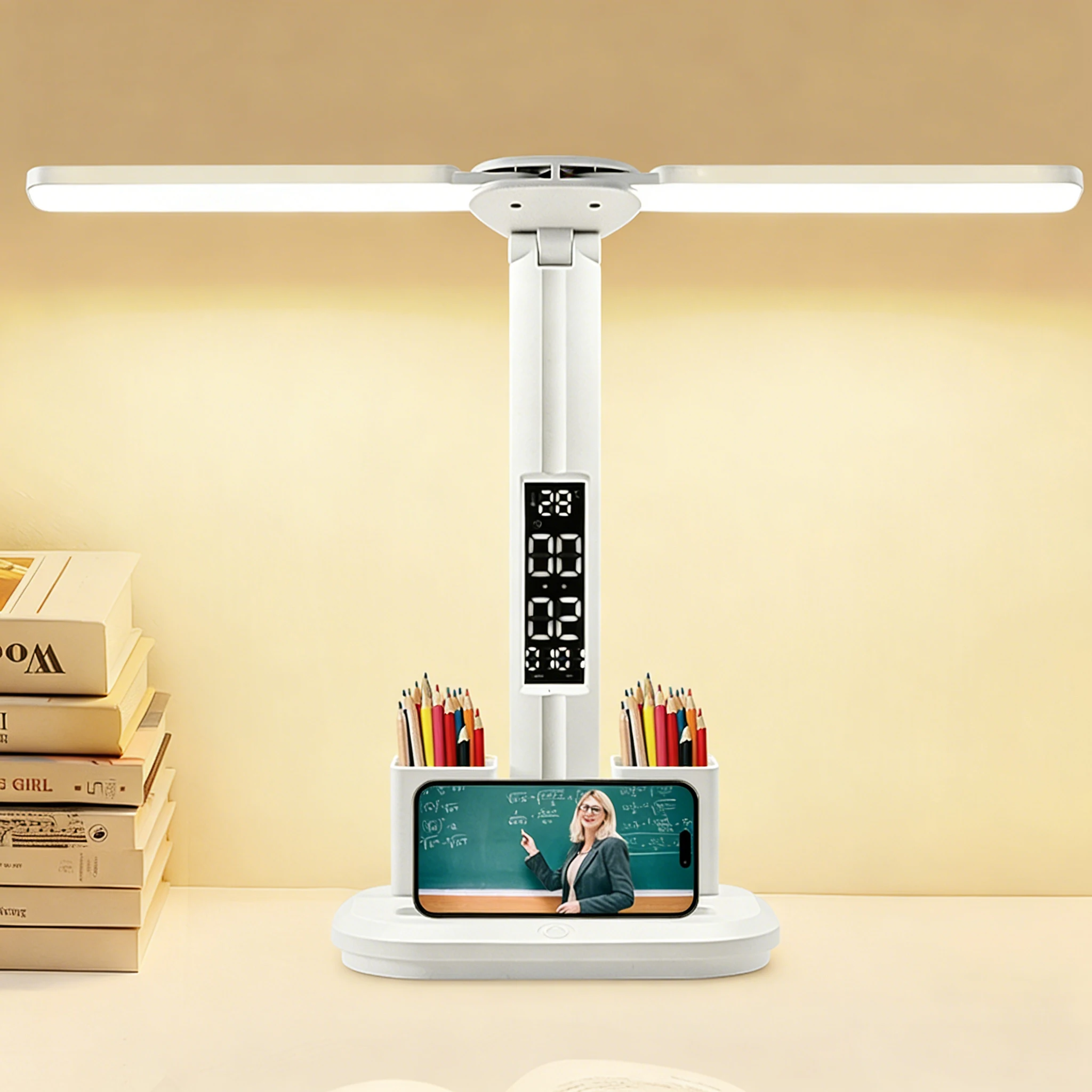Dual Head LED Desk Lamp with Clock, Dimmable Eye-Caring Light with Pen Holder for Study, Office, Dorm