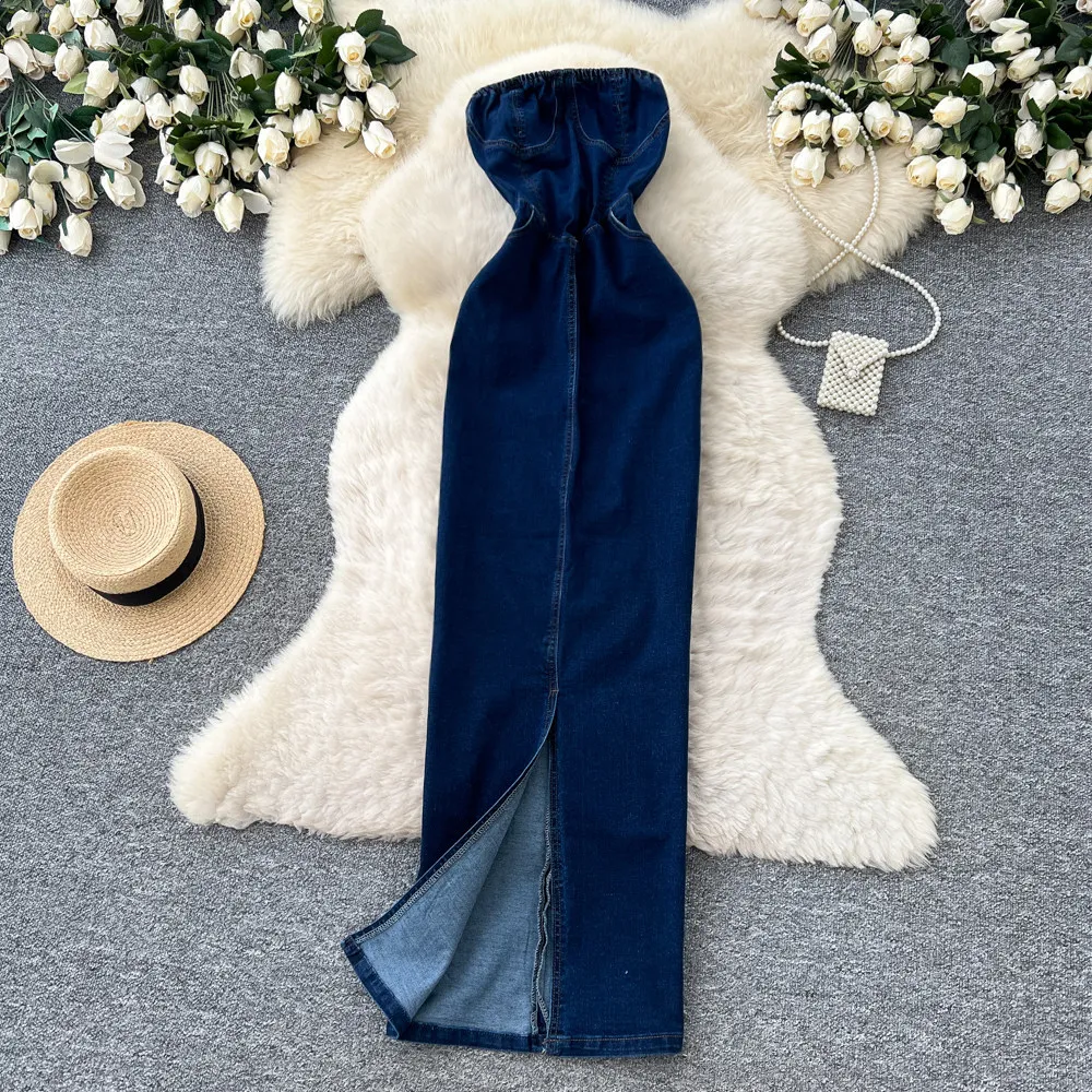 

Long Dress Women Denim Dresses Strapless Vestidos Sexy Y2k Streetwear Sleeveless Hip Wrap Elegant Party Night Tight Waist 2026