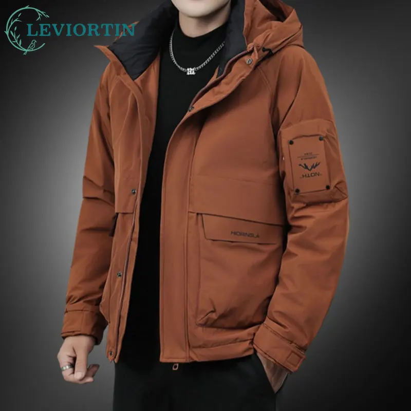 Men's Workwear Hooded Down Jacket Winter Versatile Cargo Padded Coats Man Thick Warm Fashion Outerwear White Duck Down Jacket