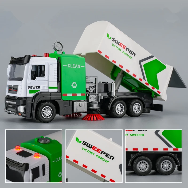 1/32 City Environmental Sanitation Sweeper Truck Car Model Metal Garbage Cleaning Vehicles Model Sound and Light Kids Toys Gifts