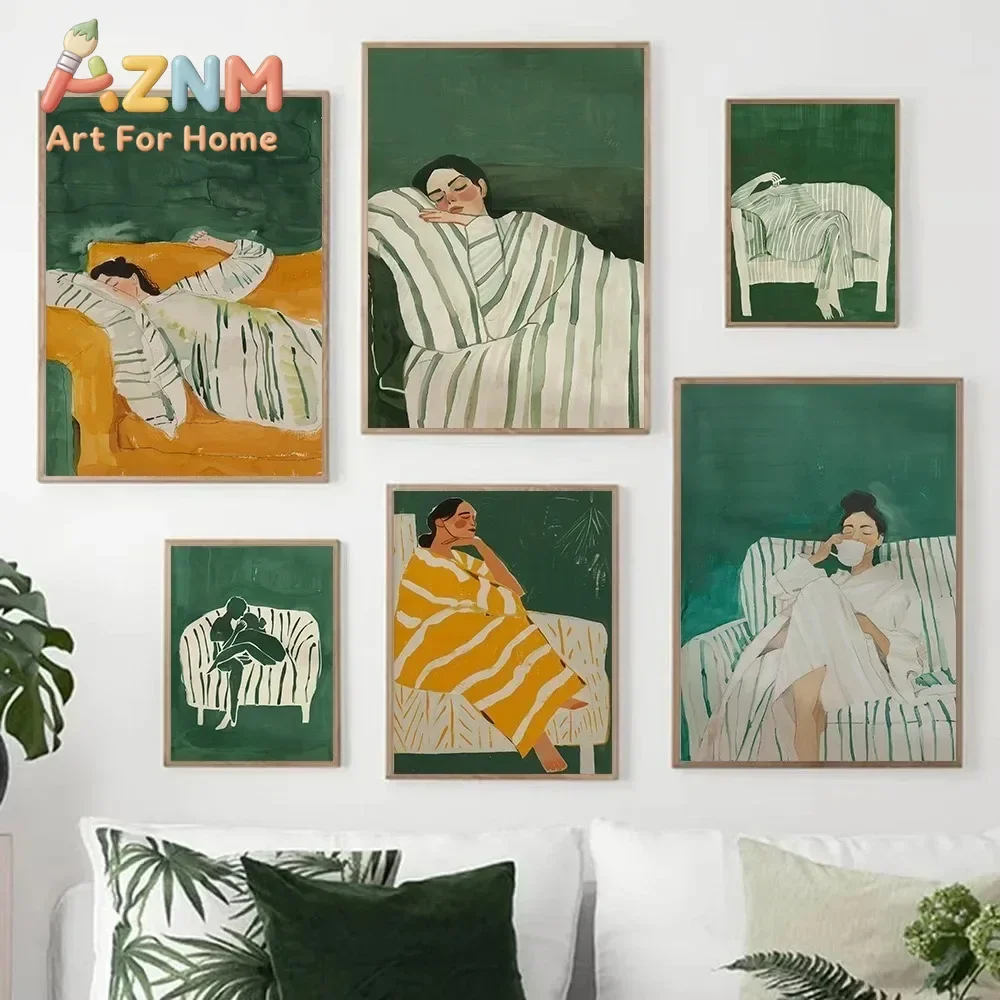 Minimalist Emerald Green Abstract Stripe Woman Drinking Coffee work Poster Canvas Painting Wall Home Decor