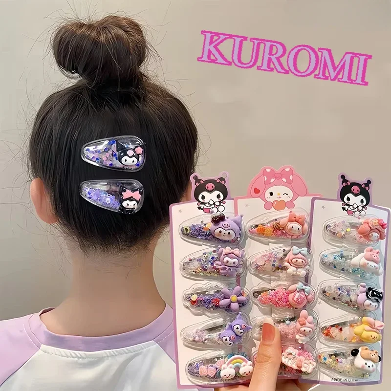 5Pcs Sanrios Kuromi Girl Flowing Sand Hair Barrette Melody Cinnamoroll Anime Princess Cute Hairpin Accessories Gift for Children