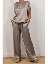 Spring Summer Fashion Solid Smooth Satin Two Piece Sets New Women's O-neck Short Sleeve Top + Wide Leg Pant Casual Loose Set
