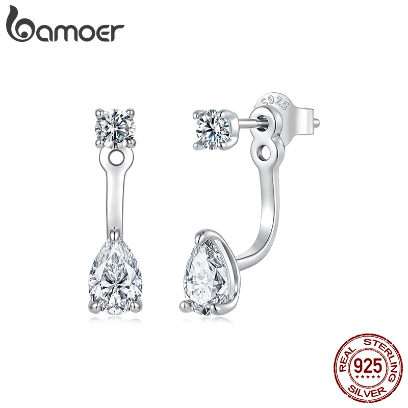 BAMOER 0.5CT Moissanite Stud Earrings 925 Sterling Silver Front & Back Hoop Earrings Two Ways to Wear for Women Fine Jewelry